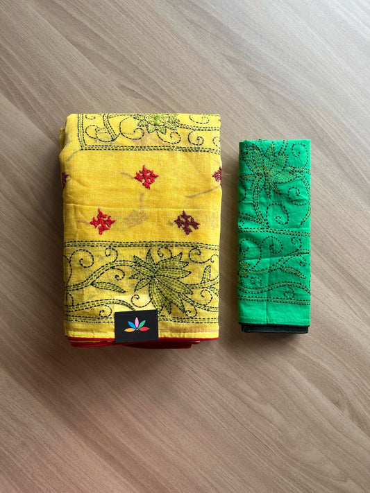 Gujarati Stitch with Kantha Stitch Cotton Saree -22200