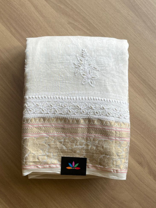 Designer Cutdana Chikankari Hand Embroidered Chanderi Silk Cotton Saree -11299