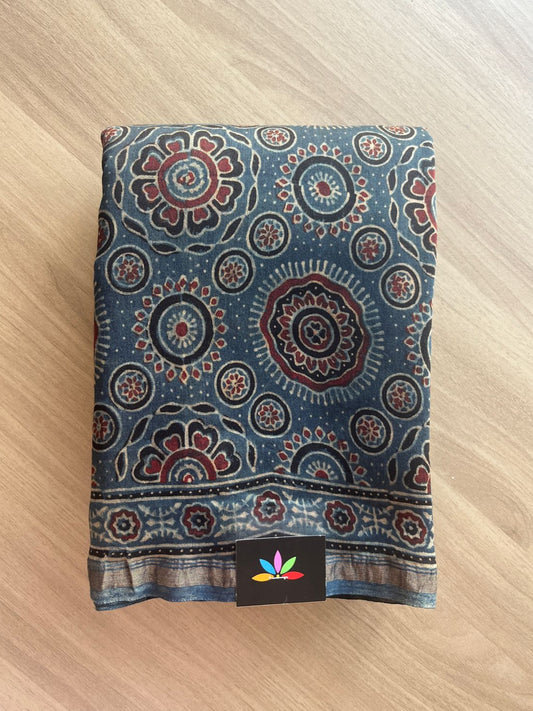 Special Design Natural Dyed Ajrakh Chanderi Silk Cotton Saree -12070