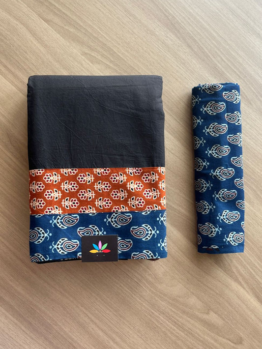 Natural Dyed Ajrakh Patch Work Cotton Saree -12527