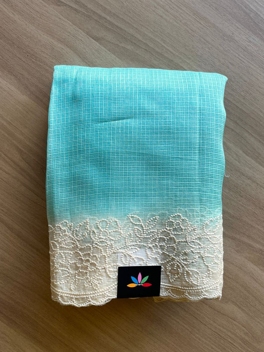 Aqua Blue Embroidered Scallop Border Tussar Kota Silk Saree-16802