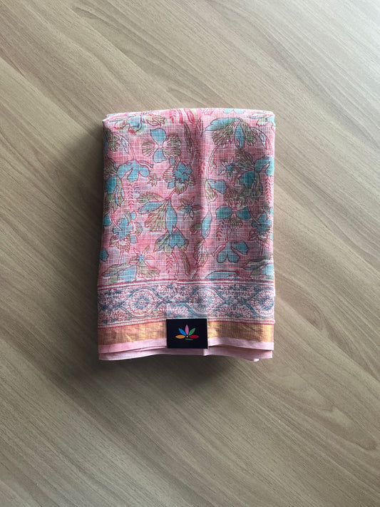 Handblock Printed Fine Kota Doria Saree with Zari Border -18311