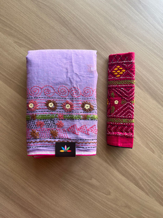 Hand embroidered Blended Cotton Saree with Contrast Blouse -19045