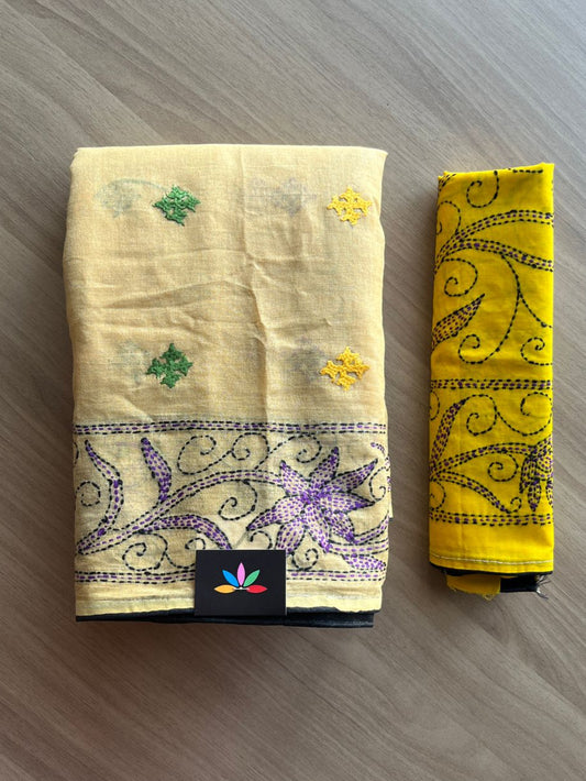 Gujarati Stitch with Kantha Cotton Saree -19049