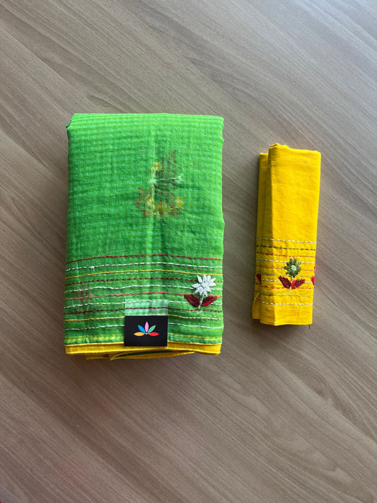 Hand embroidered Blended Cotton Saree with Contrast Blouse -19052