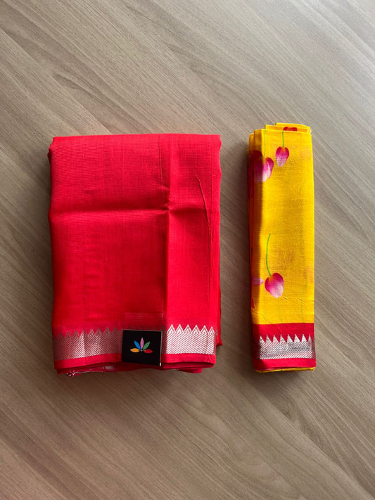 Zari Border Handloom Mangalagiri Silk Cotton Saree with Digital Printed Blouse Fabric -19213