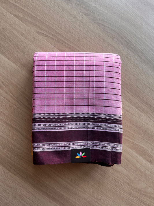 Handwoven Karnataka Cotton Saree – Pink Checks with Traditional Gomi Teni Border -19511