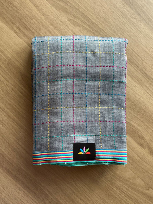 Simple Soft Cotton Kantha Stitch Checks Saree -19814