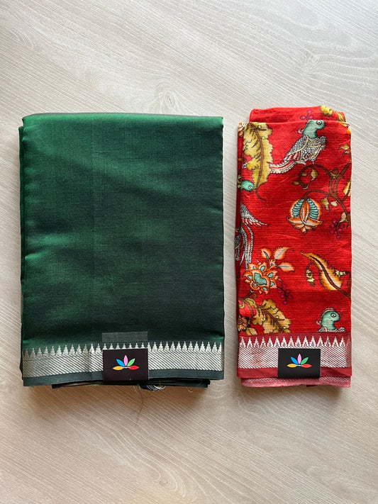 Small Border Handloom Mangalagiri Silk Cotton Saree with Digital Printed Blouse Fabric-17942B