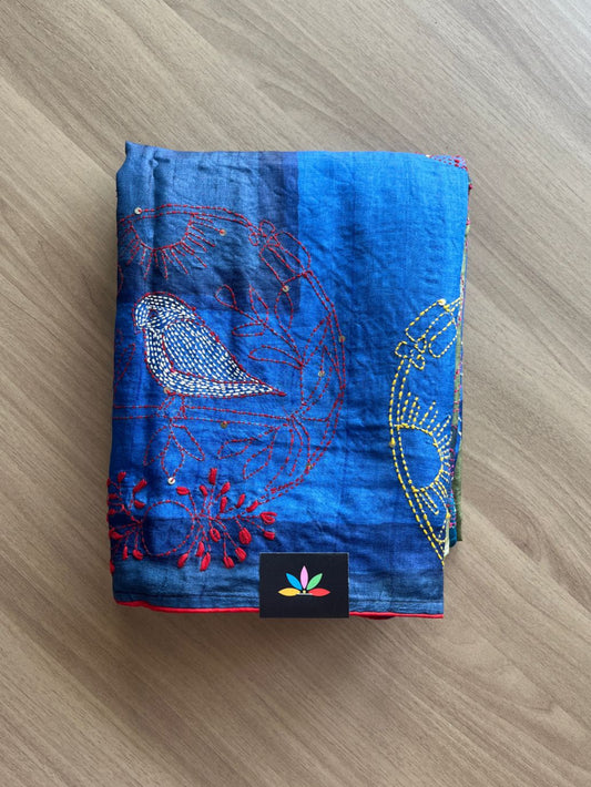 Handcrafted with Block Printed and Kantha Stitch Pure Tussar Silk Saree -20170