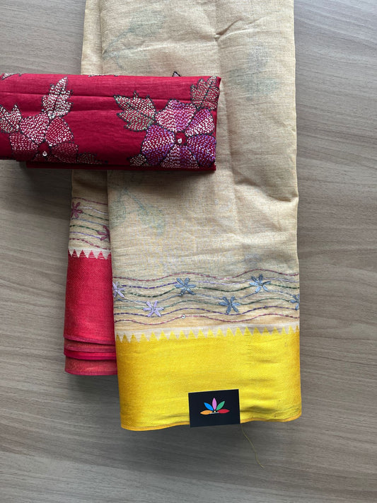 Hand Embroidered Lambani Cotton Silk Saree With Border-20433