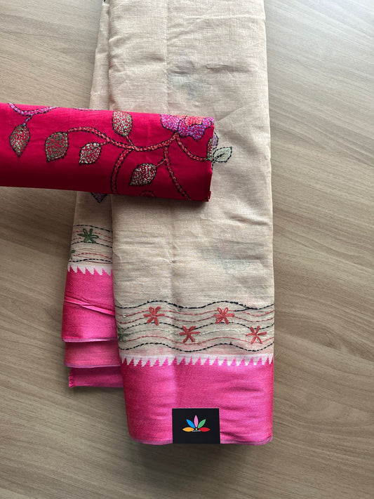 Hand Embroidered Lambani Cotton Silk Saree With Border-20434