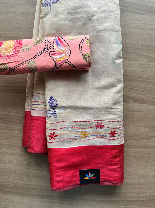 Hand Embroidered Lambani Cotton Silk Saree With Border-20435