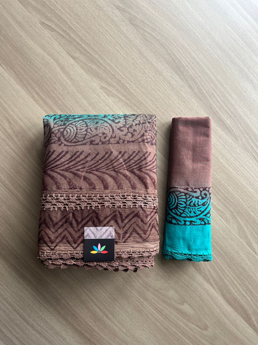 Block Printed Crochet Border Super Net Saree - 20614
