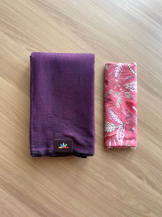 Borderless Handloom Soft Cotton Saree with Contrast Blouse -21549-21550