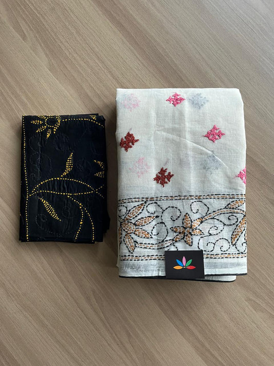 Gujarati Stitch with Kantha Stitch Cotton Saree -22193