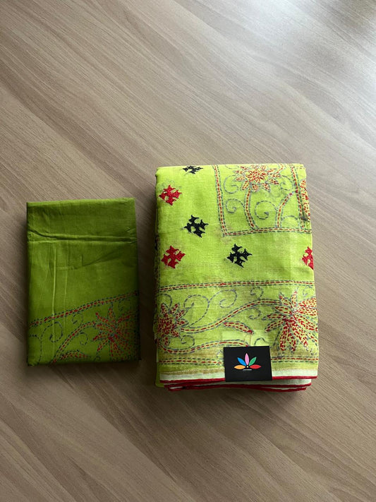 Gujarati Stitch with Kantha Stitch Cotton Saree -22196