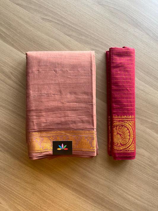 Small Mayil Border Cotton Saree with Contrast Blouse-22405-22406