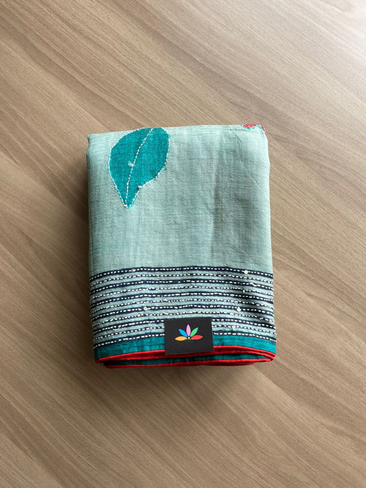 Handcrafted with Block Printed and Kantha Stitch Pure Tussar Silk Saree-22427