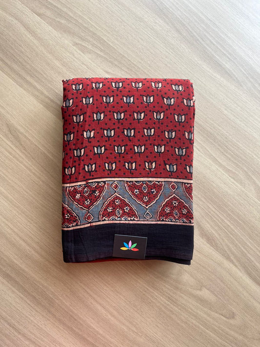 Natural Dye Ajrakh Handblock Printed Cotton Saree-22442