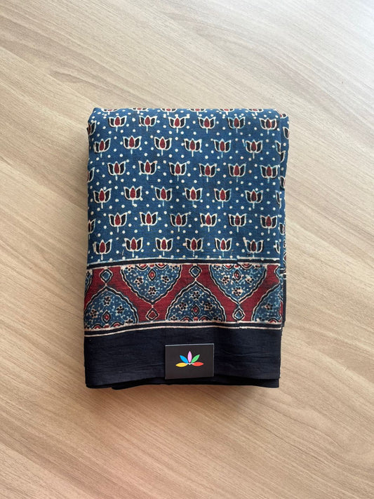 Natural Dye Ajrakh Handblock Printed Cotton Saree-22445