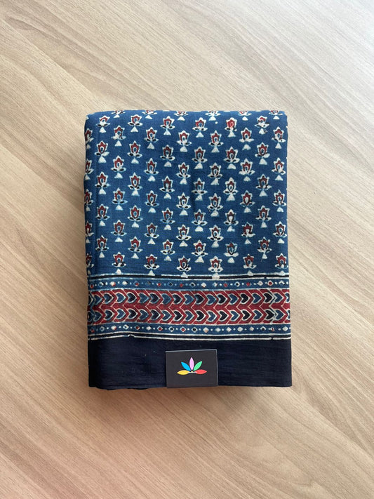 Natural Dye Ajrakh Handblock Printed Cotton Saree-22450
