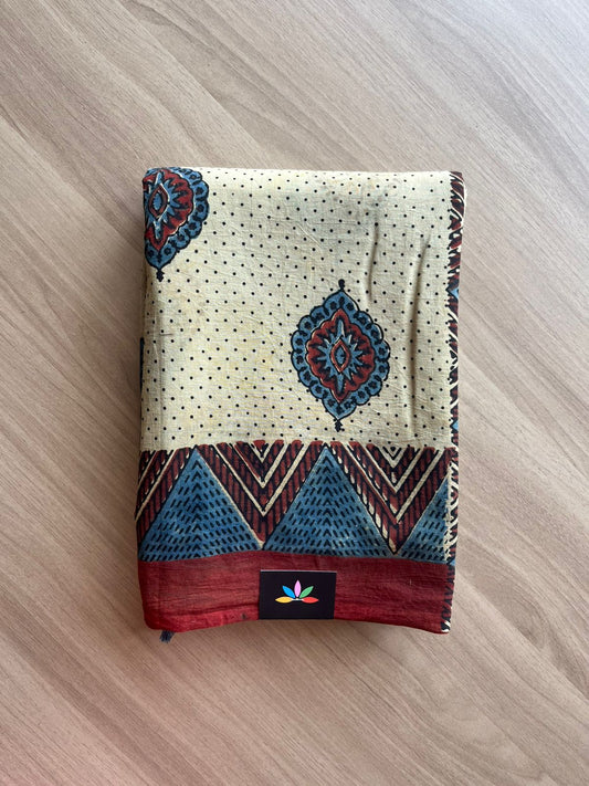Natural Dye Ajrakh Handblock Printed Cotton Saree-22453