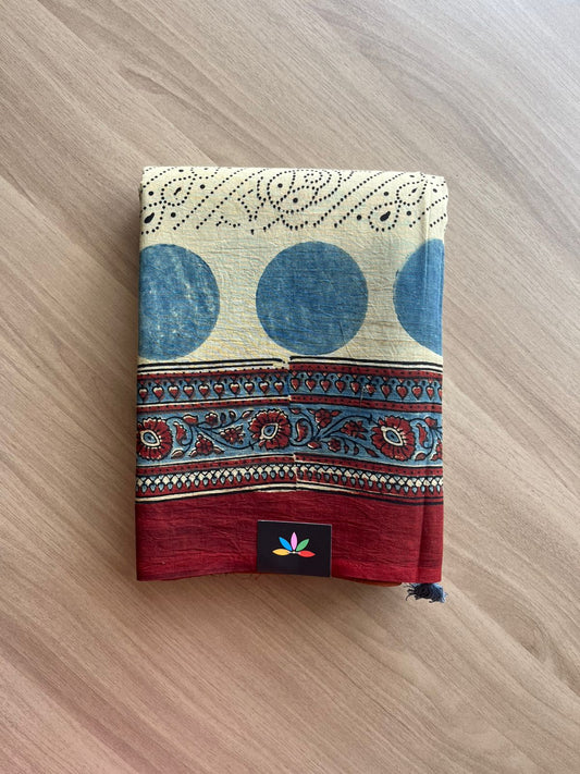 Natural Dye Ajrakh Handblock Printed Cotton Saree-22457