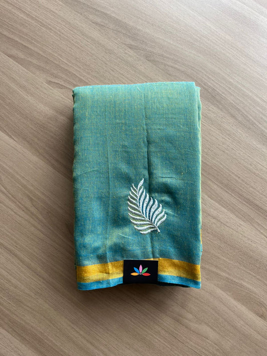Partly pallu Dual Tone Leaf Embroidery Cotton Saree -22548