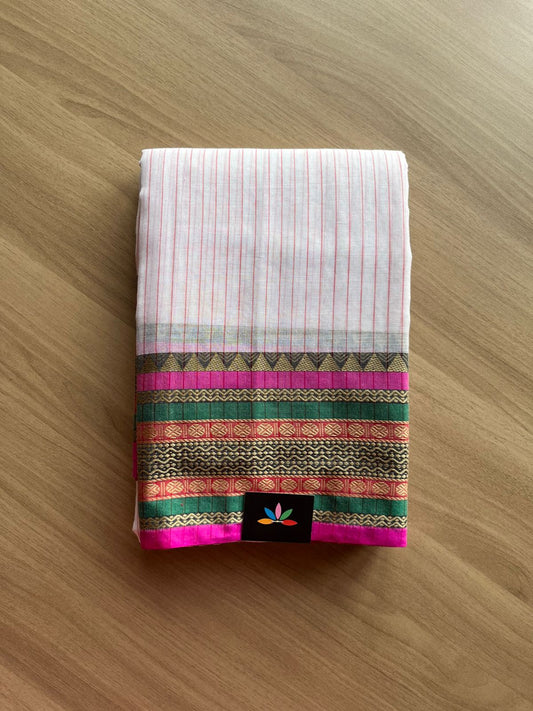 Stripped Long Border Narayanpet Mercerized Cotton Saree -22691-22692