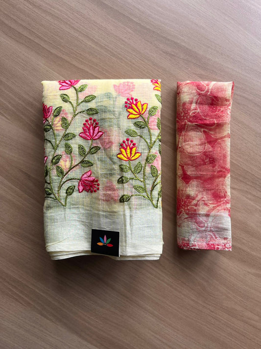 Embroidered Printed Kota Saree with Contrast Blouse-22718