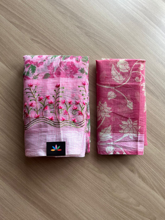 Embroidered Printed Kota Saree with Contrast Blouse-22743