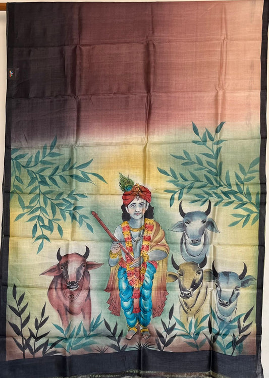 Gradient Desi Tussar Saree with Hand Painted Krishna Pallu - 23333