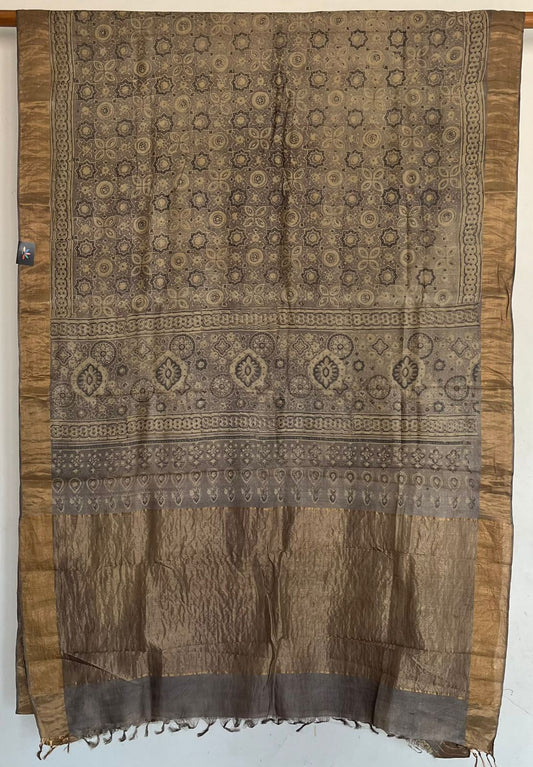 Natural Dye Ajrakh Handblock Printed Tussar Silk Saree -23335
