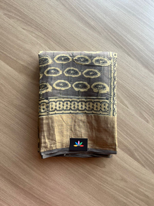 Natural Dye Ajrakh Handblock Printed Tussar Silk Saree -23369