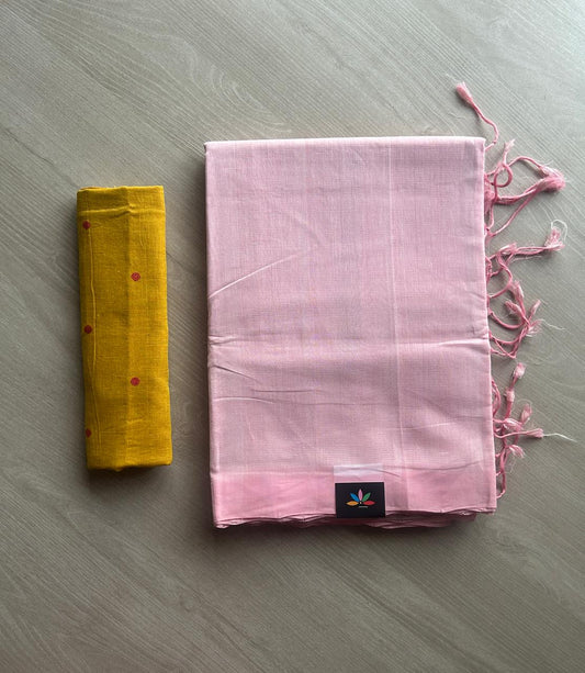 Handloom Mangalagiri Plain Cotton Saree with Contrast Blouse Fabric-23447