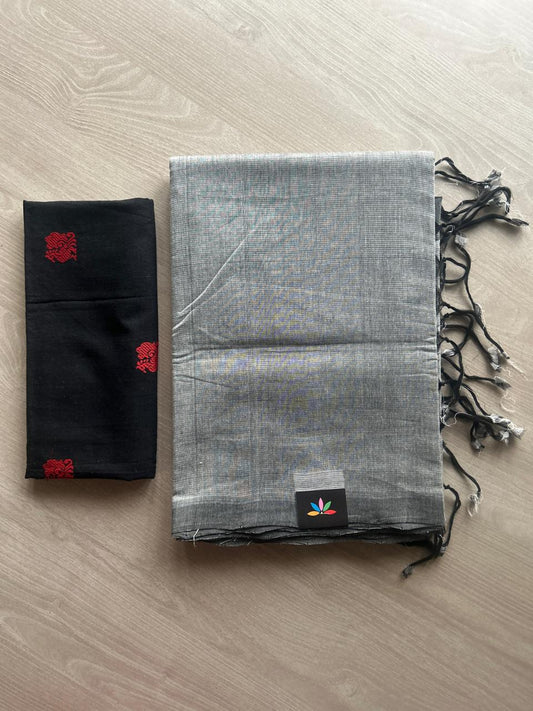 Handloom Mangalagiri Plain Cotton Saree with Contrast Blouse Fabric-23448