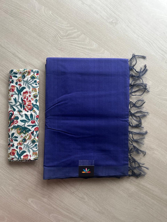 Handloom Mangalagiri Plain Cotton Saree with Contrast Blouse Fabric-23449