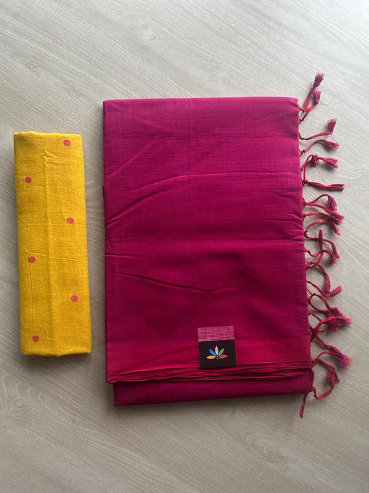 Handloom Mangalagiri Plain Cotton Saree with Contrast Blouse Fabric-23451
