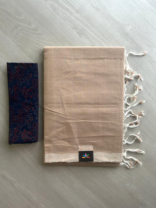 Handloom Mangalagiri Plain Cotton Saree with Contrast Blouse Fabric-23453