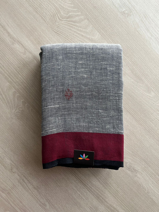 Smoky Grey Contrast Border Handloom Pure Linen Jamdani Saree -23718
