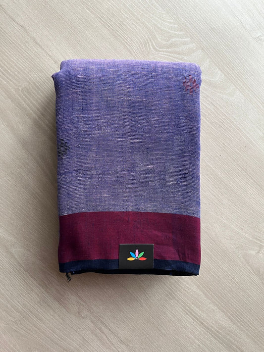 Dusty Purple Linen Jamdani Saree with Maroon Border & Navy Selvedge -23719