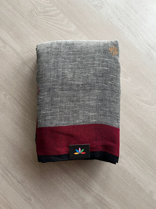 Smoky Grey Contrast Border Handloom Pure Linen Jamdani Saree -23720