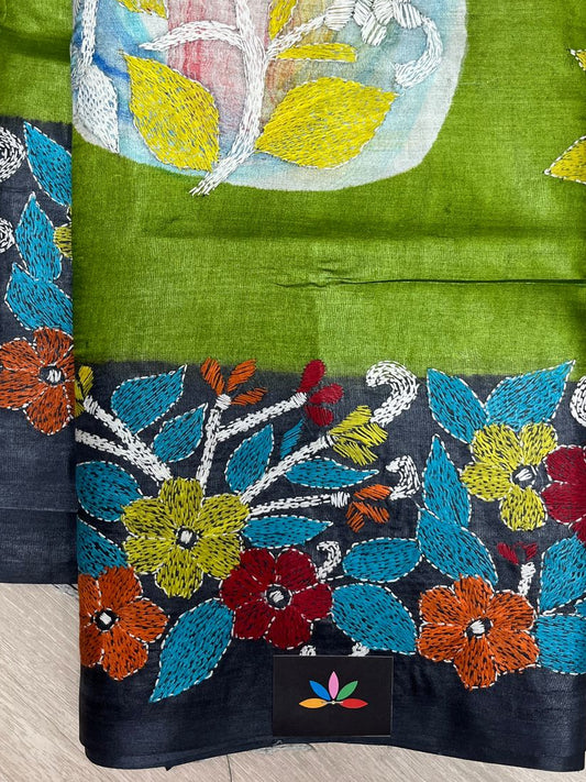 Handcrafted Kantha Embroidered Desi Tussar Silk Saree – Leaf Green with Multicolour Motifs -23733