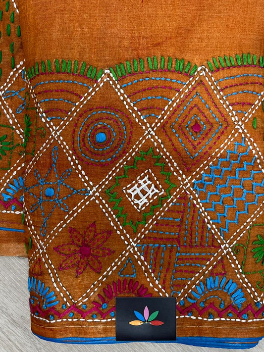 Handcrafted Kantha Embroidered Desi Tussar Silk Saree – Tangerine Orange with Purple Pallu -23755