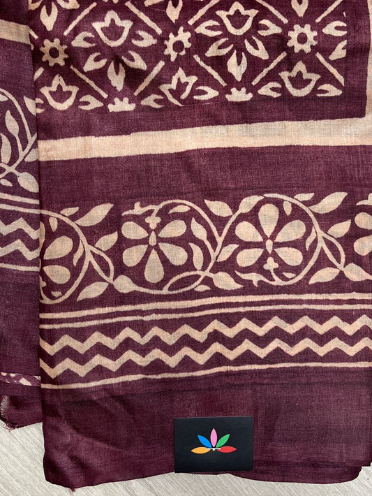 Handcrafted Block Printed Tussar Silk Saree – Plum Wine with Floral Motifs -23783