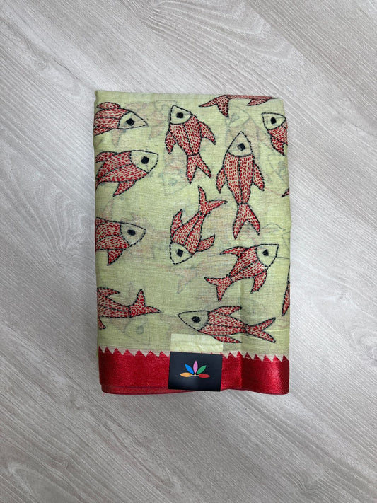Handcrafted Kantha Embroidered Cotton Saree – Light Pistachio Green with Red Fish Motifs-23785