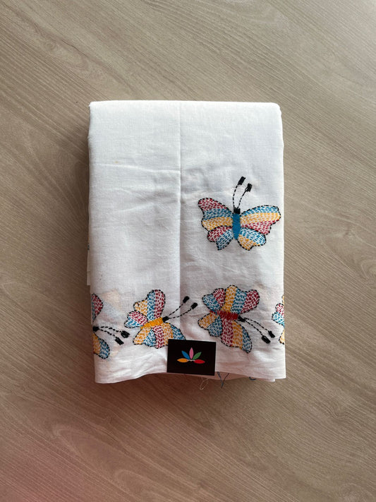 Handcrafted Kantha Embroidered Cotton Saree – Off-White with Multicolour Butterfly Motifs -23997