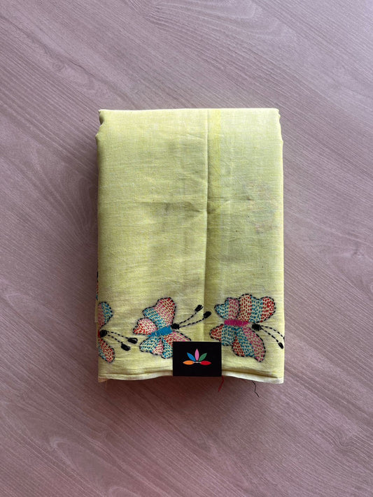 Handcrafted Kantha Embroidered Cotton Saree with Multicolour Butterfly Motifs -23998