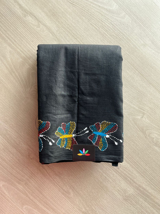 Handcrafted Kantha Embroidered Cotton Saree with Multicolour Butterfly Motifs -24001